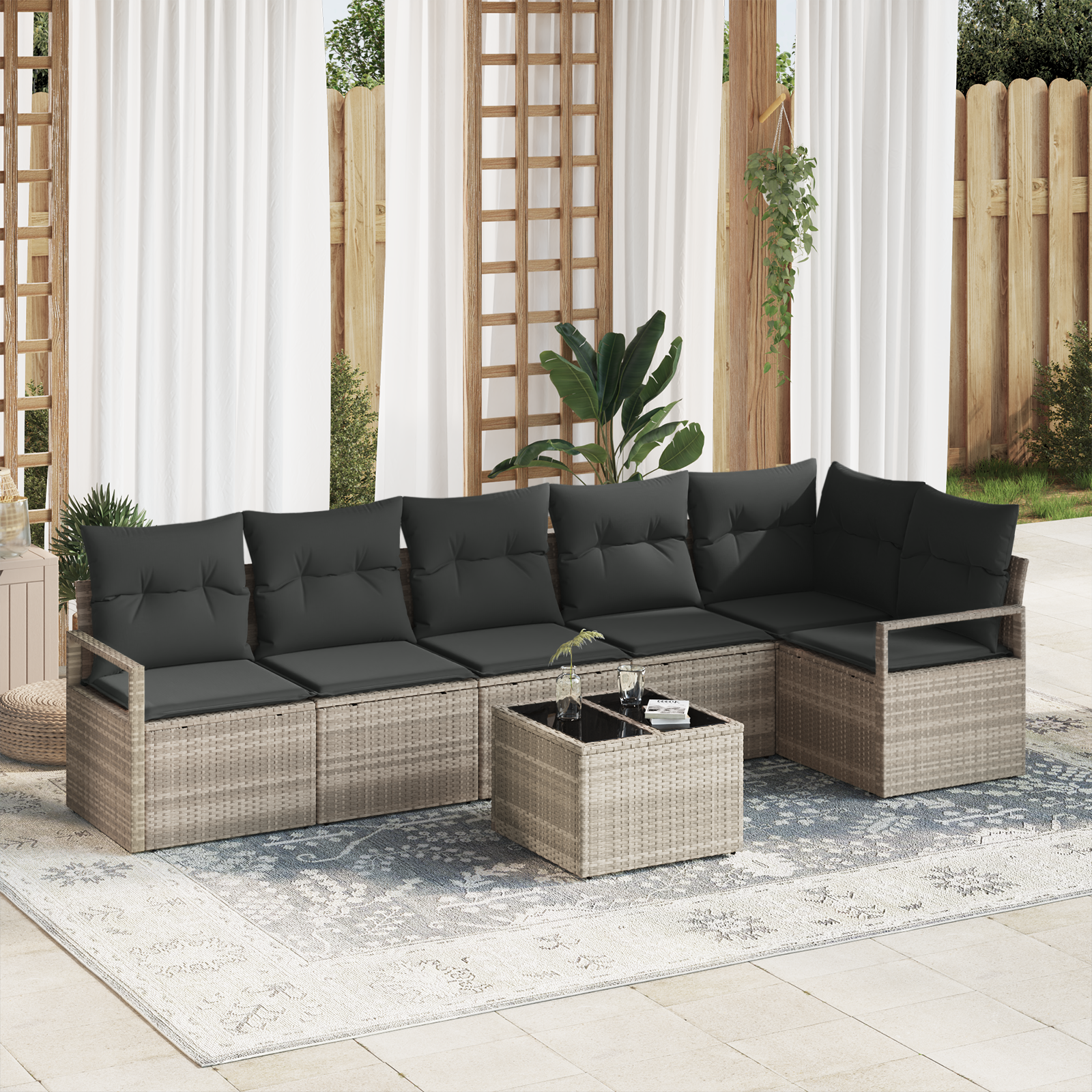 Set Divano da Giardino  7 Pezzi con Cuscini Grigio Polyrattan