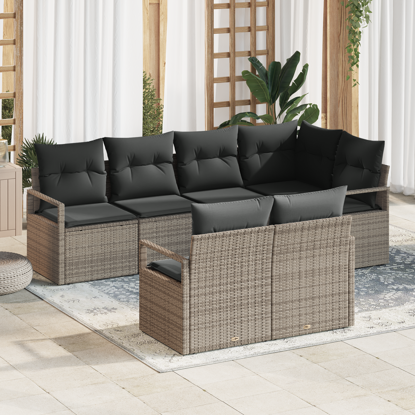 Set di Divani da Giardino  7 Pezzi con Cuscini Grigio Rattan Sintetico