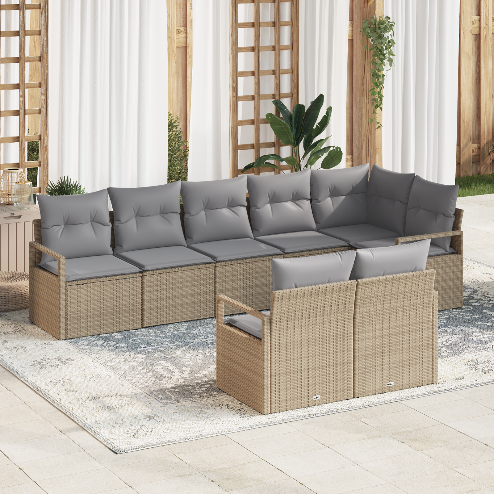 Set di divano da giardino 8 pezzi con cuscini in polyrattan beige