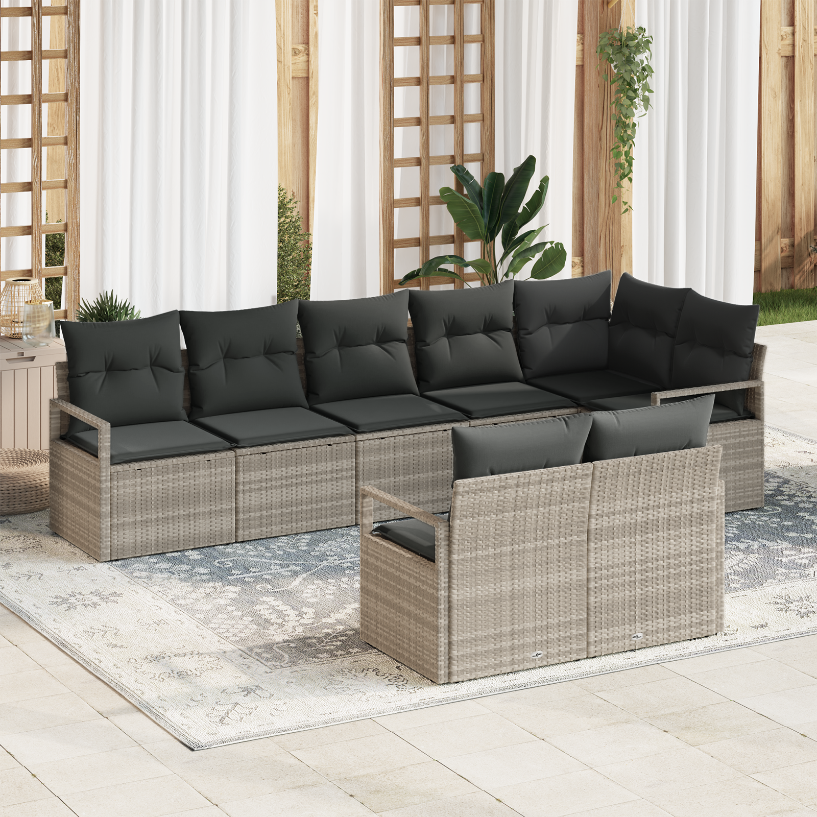 Set di divani da giardino in 8 pezzi con cuscini grigio chiaro polyrattan