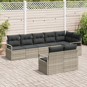 Set di divani da giardino in 8 pezzi con cuscini grigio chiaro polyrattan