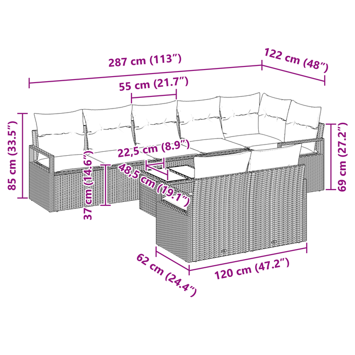 Set di divano da giardino  8 pezzi con cuscini grigio polyrattan