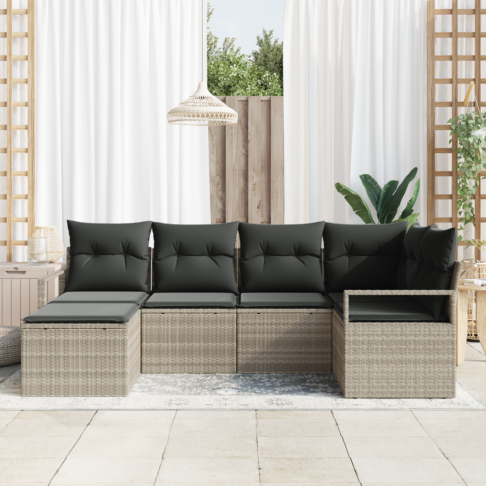 Set divano da giardino modulare da 6 pezzi con cuscini grigio chiaro rattan poli