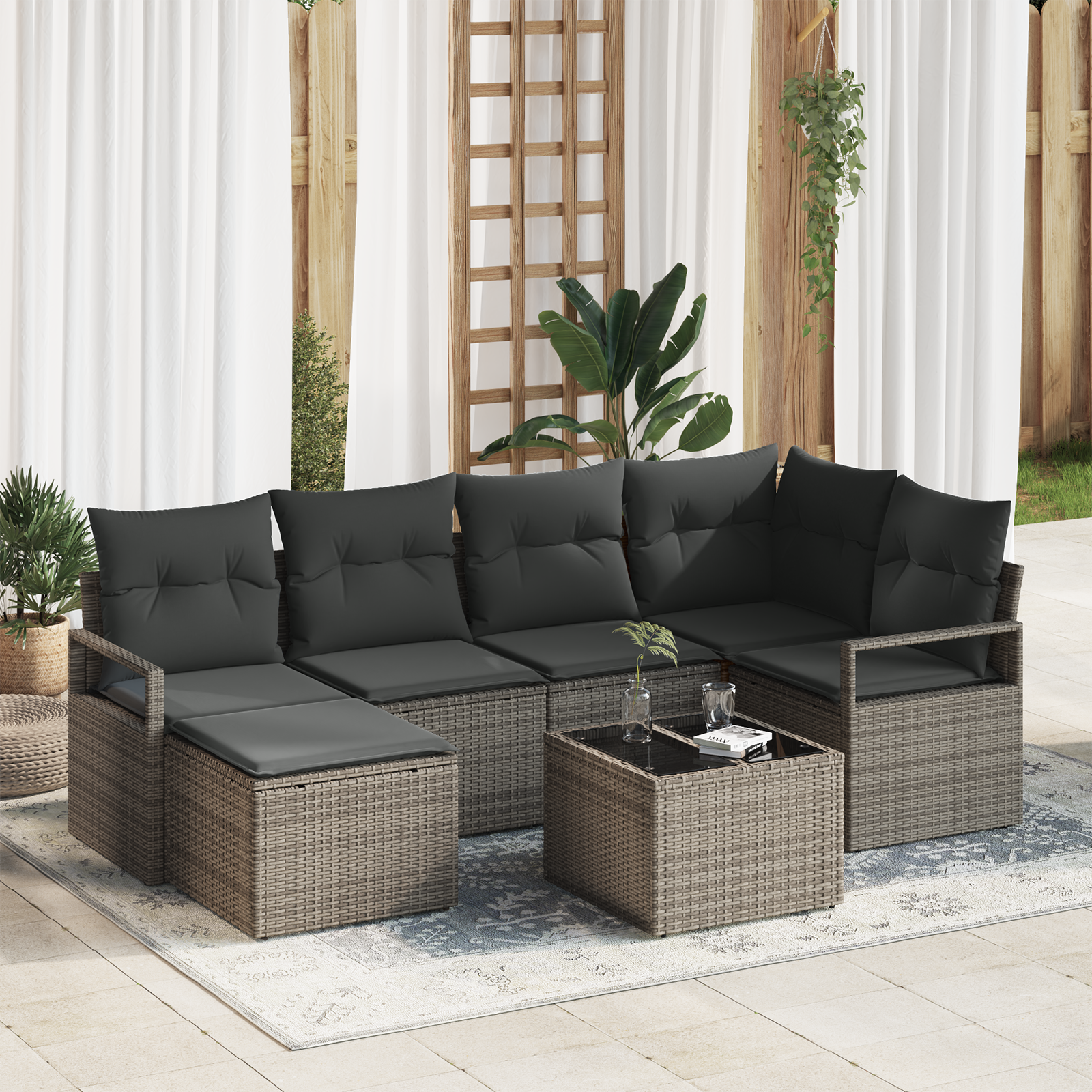 Set di Sofà da Giardino da 6 Pezzi con Cuscini Rattan Nero