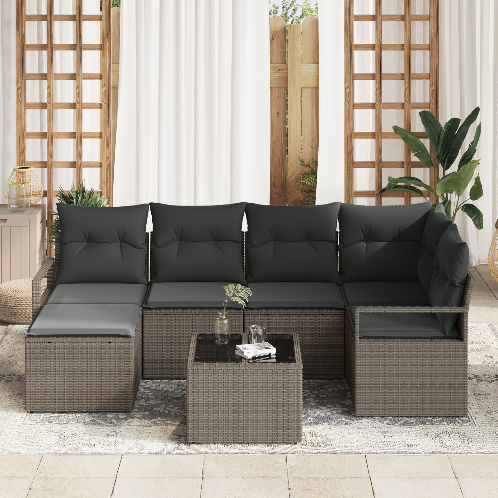 Set di Sofà da Giardino da 6 Pezzi con Cuscini Rattan Nero