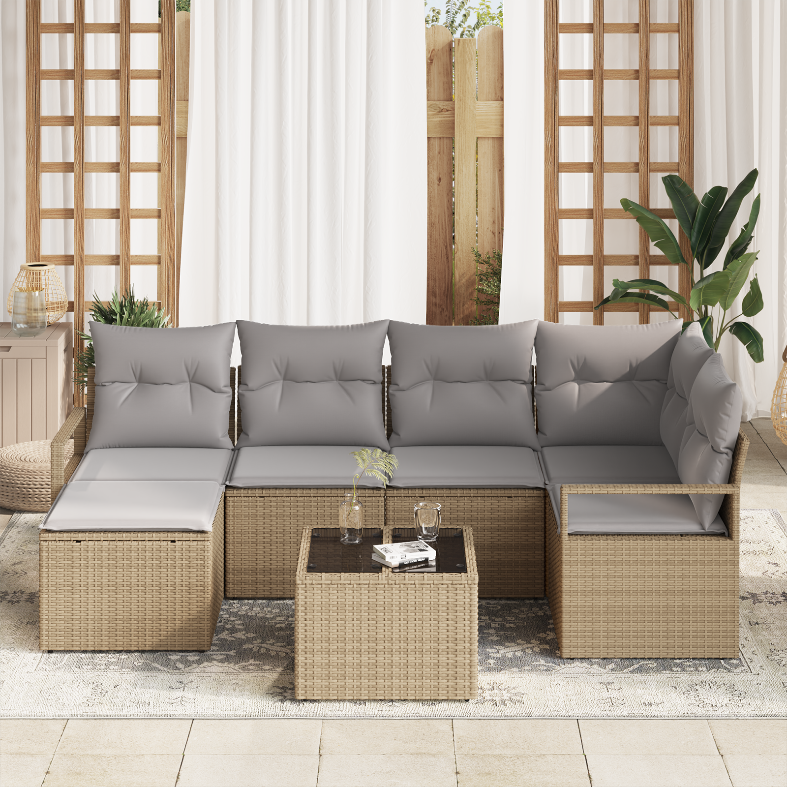 Set Divano da Giardino Modular 7 Pezzi con Cuscini Rattan Poliestere Nero