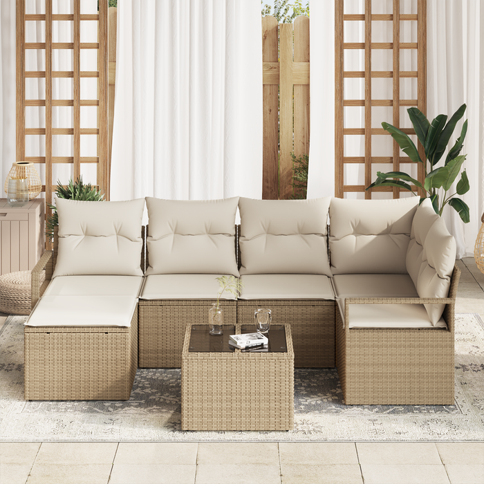 Set di divani da giardino da 7 pezzi con cuscini in polirattan marrone