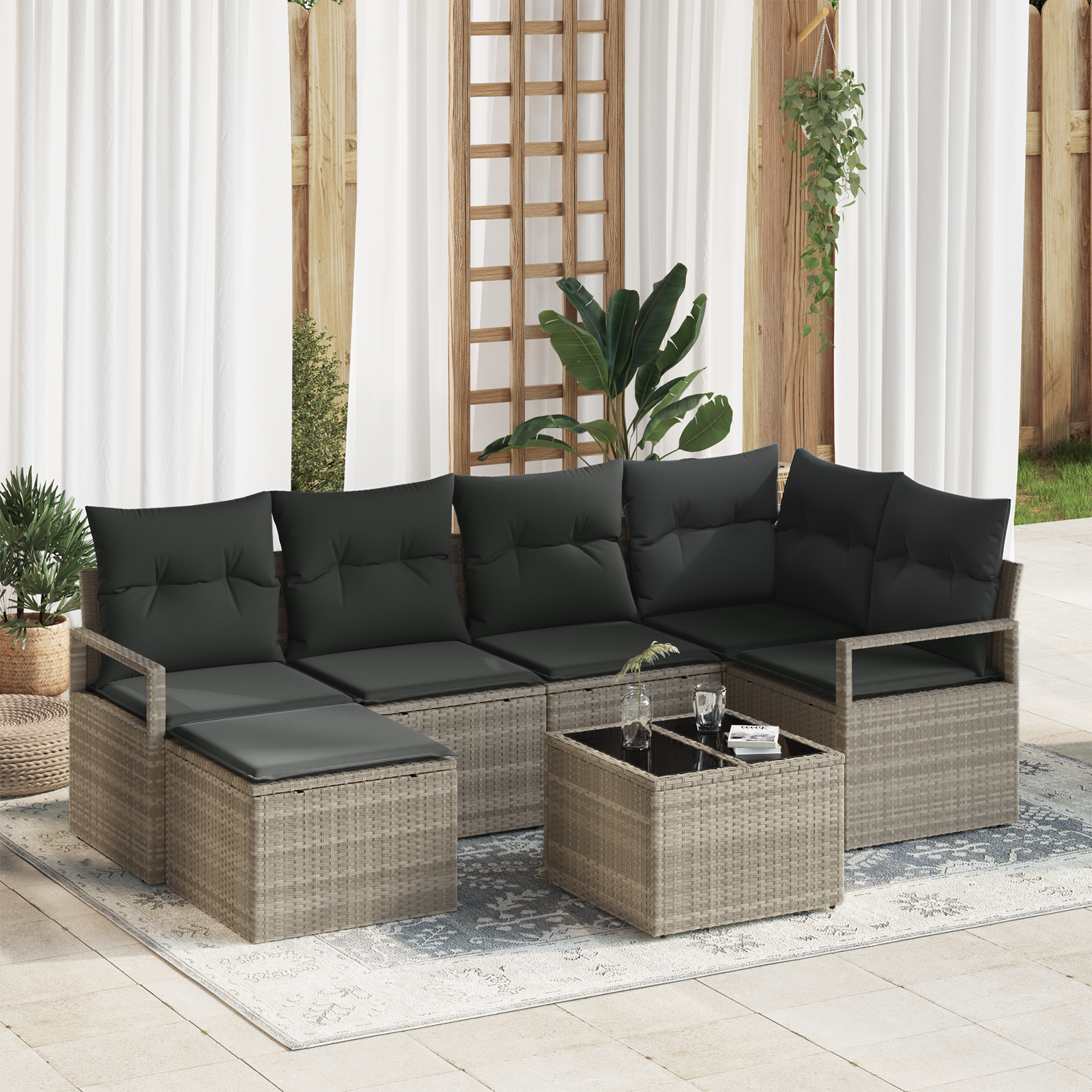 Set di divani da giardino  da 7 pezzi con cuscini Grigio Rattan