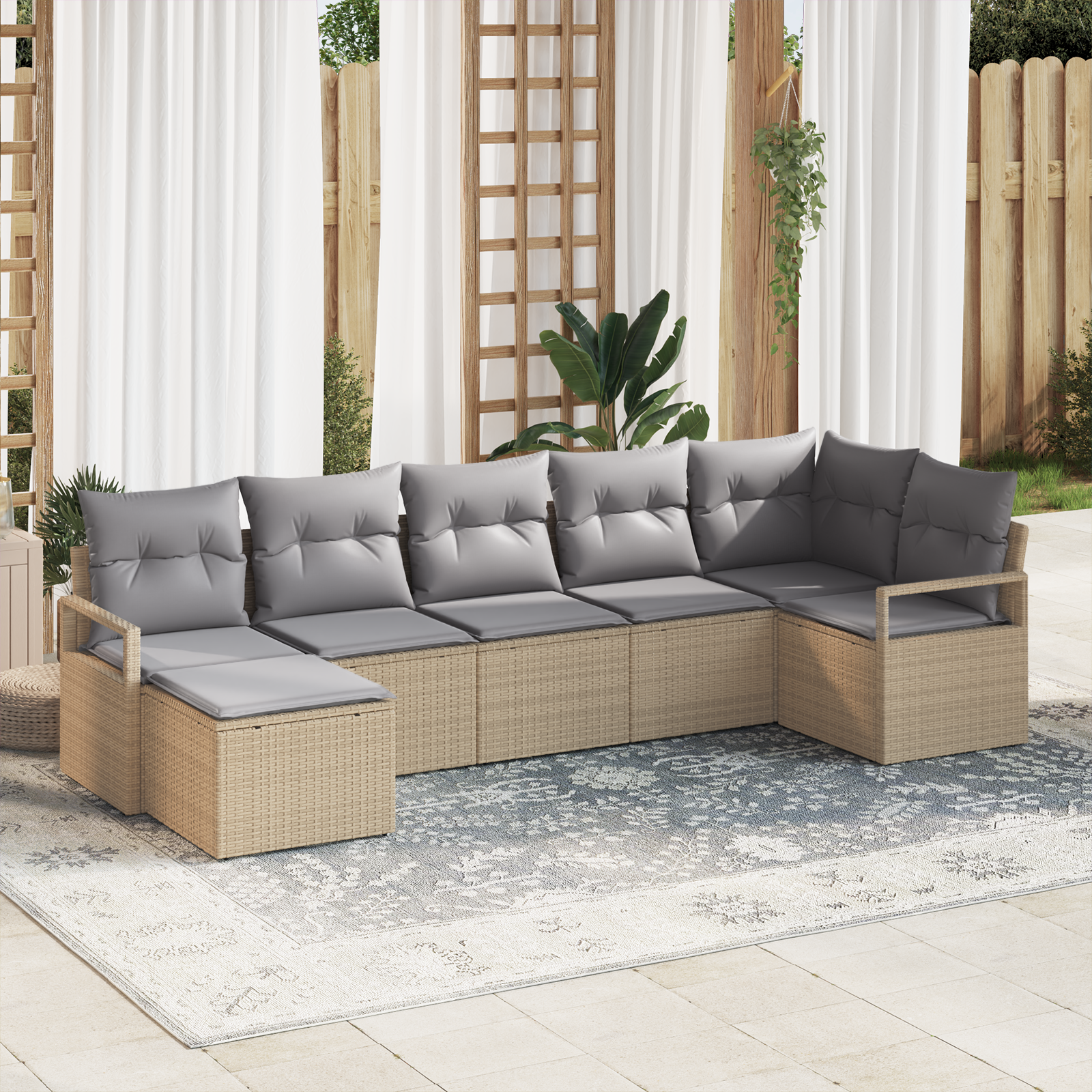 Set Divano da Giardino a 7 Pezzi con Cuscini Beige Polyrattan