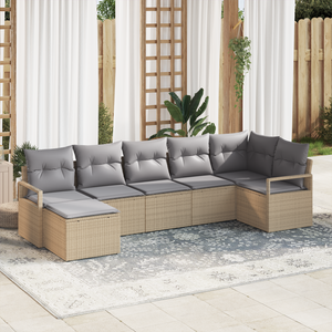 Set Divano da Giardino a 7 Pezzi con Cuscini Beige Polyrattan