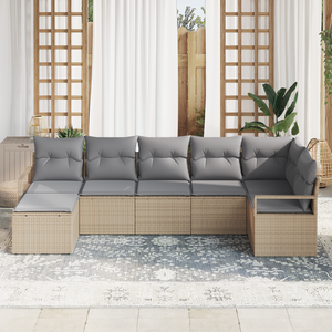 Set Divano da Giardino a 7 Pezzi con Cuscini Beige Polyrattan