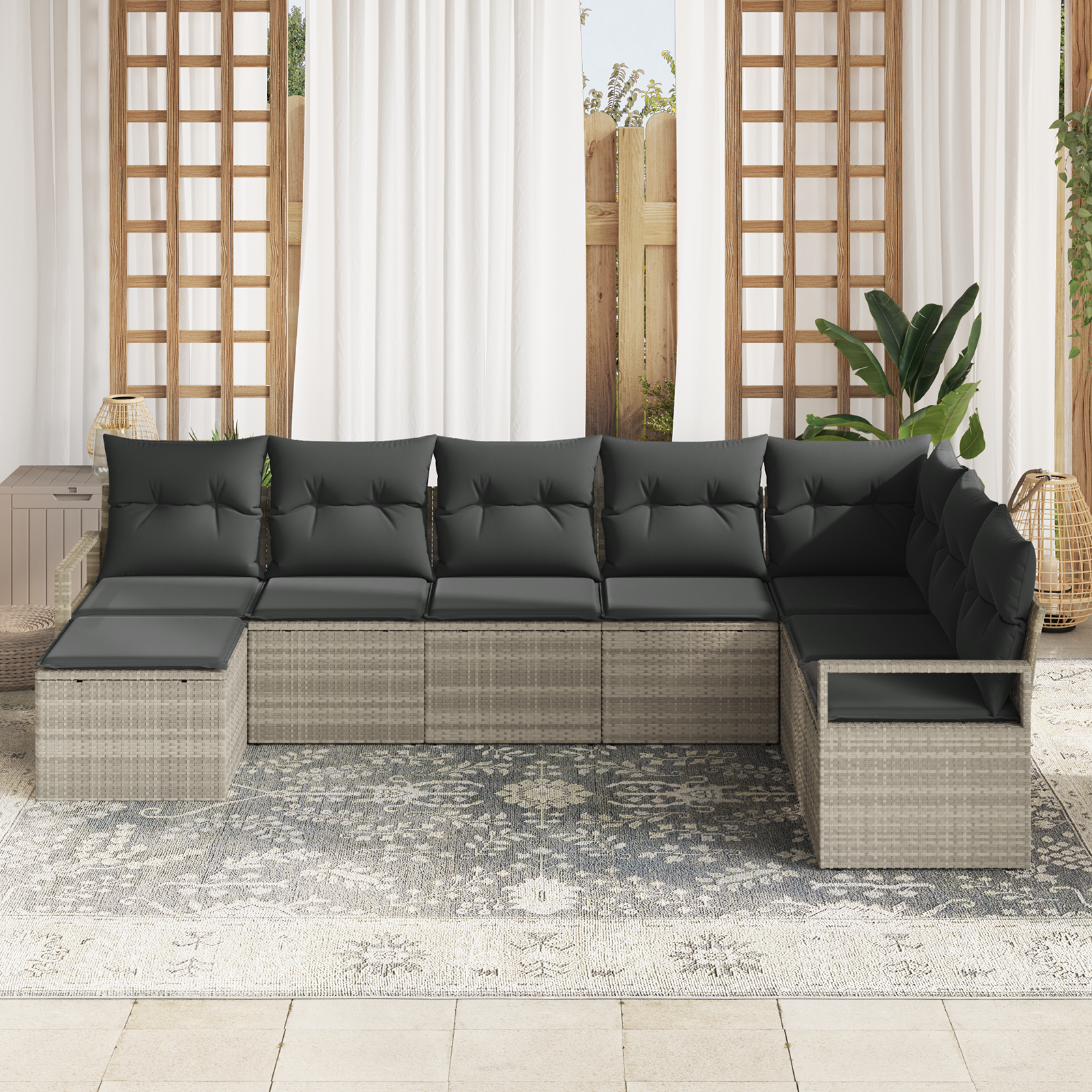 Set di divani da giardino  7 pezzi con cuscini Grigio chiaro Polyrattan
