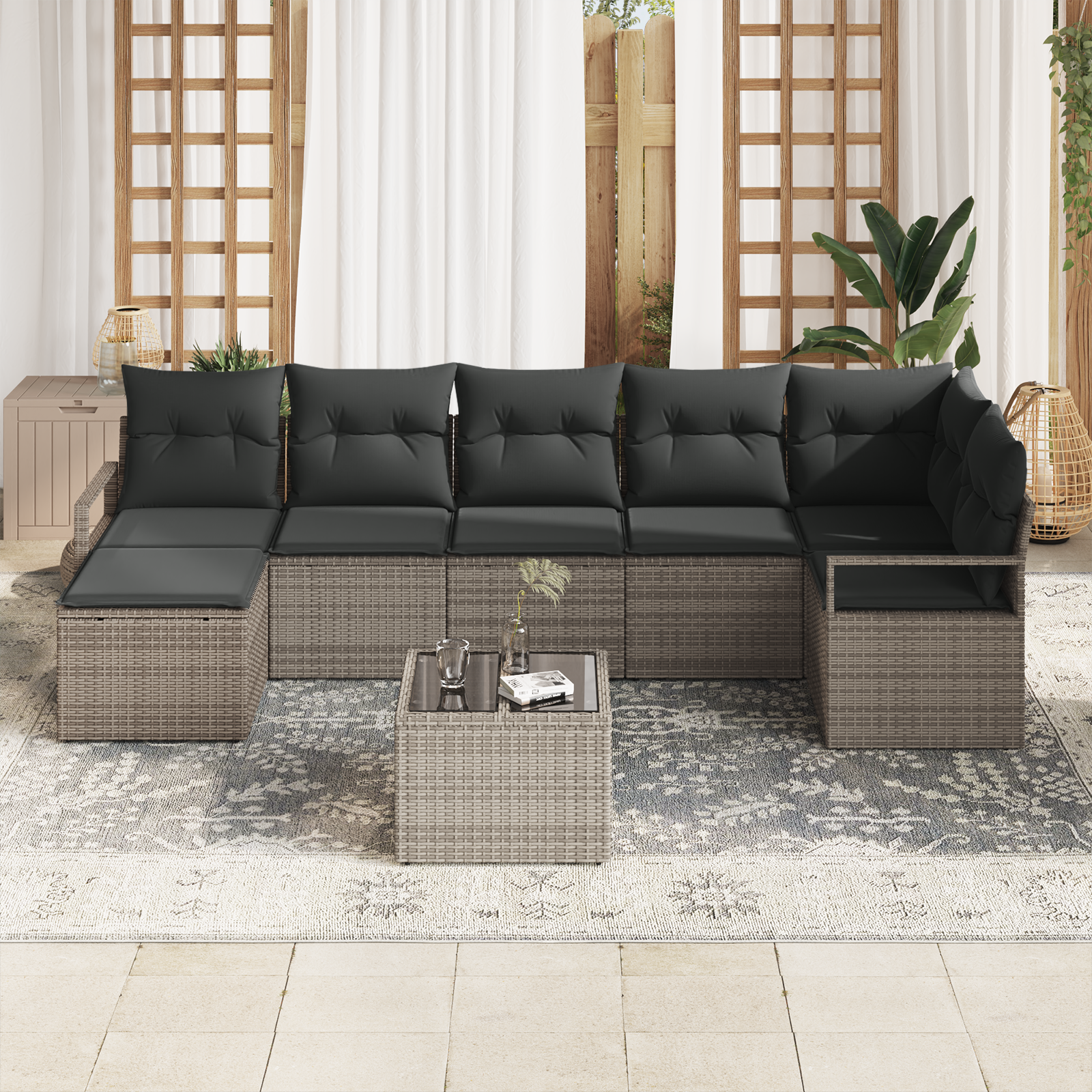 Set Divano da Giardino  7 Pezzi con Cuscini Rattan Polirattan Nero