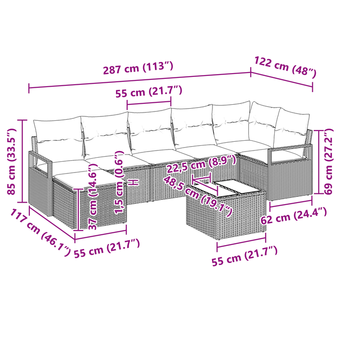 Set Divano da Giardino  7 Pezzi con Cuscini Rattan Polirattan Nero