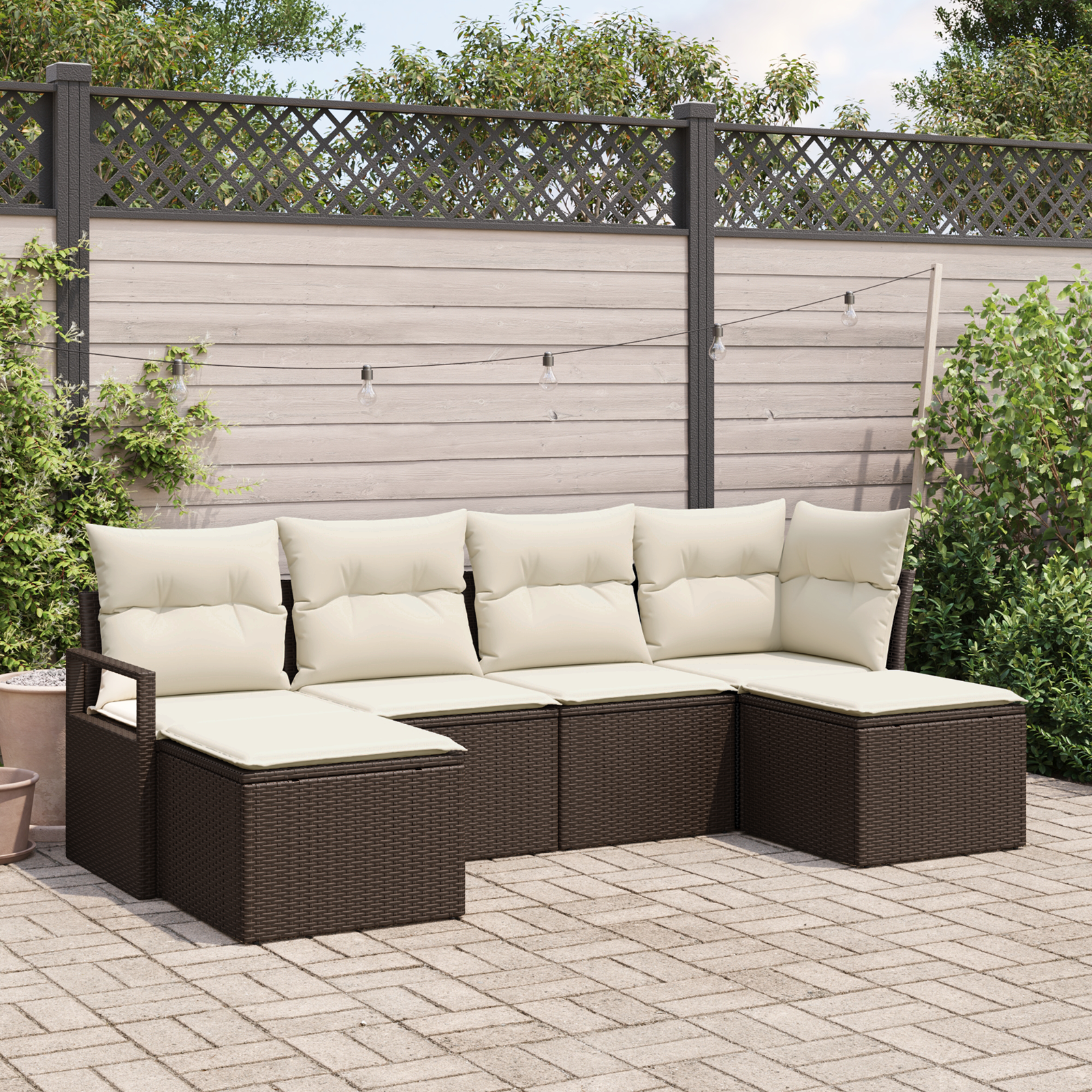 Set Divano da Giardino 6 Pezzi con Cuscini Marrone Rattan