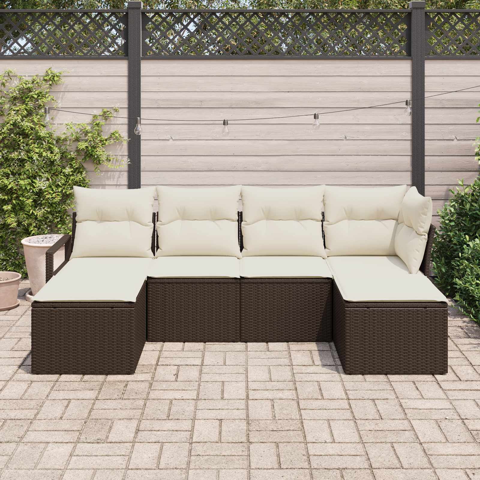 Set Divano da Giardino 6 Pezzi con Cuscini Marrone Rattan