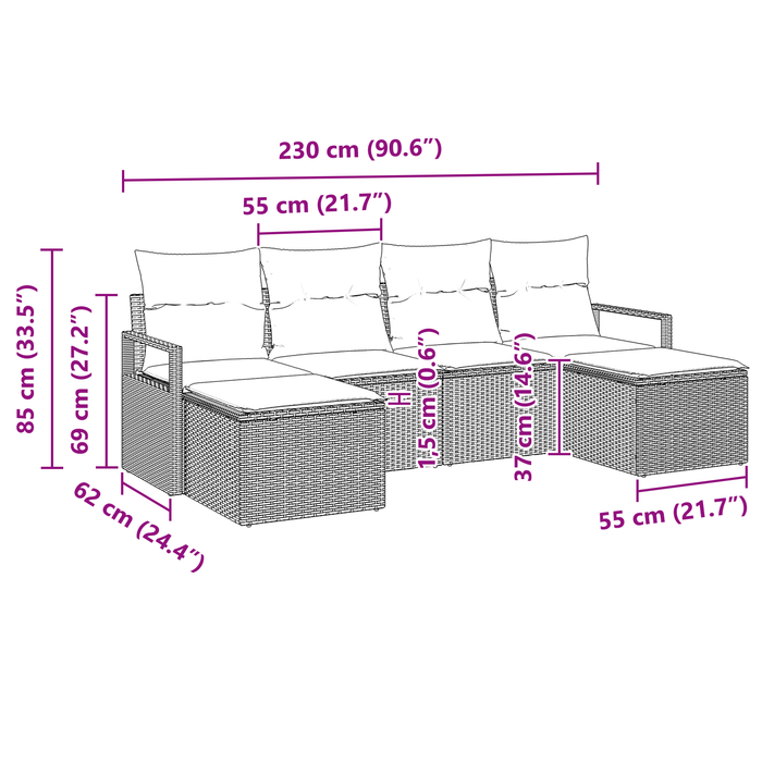 Set di Divano da Giardino  6 Pezzi con Cuscini Grigio Polyrattan