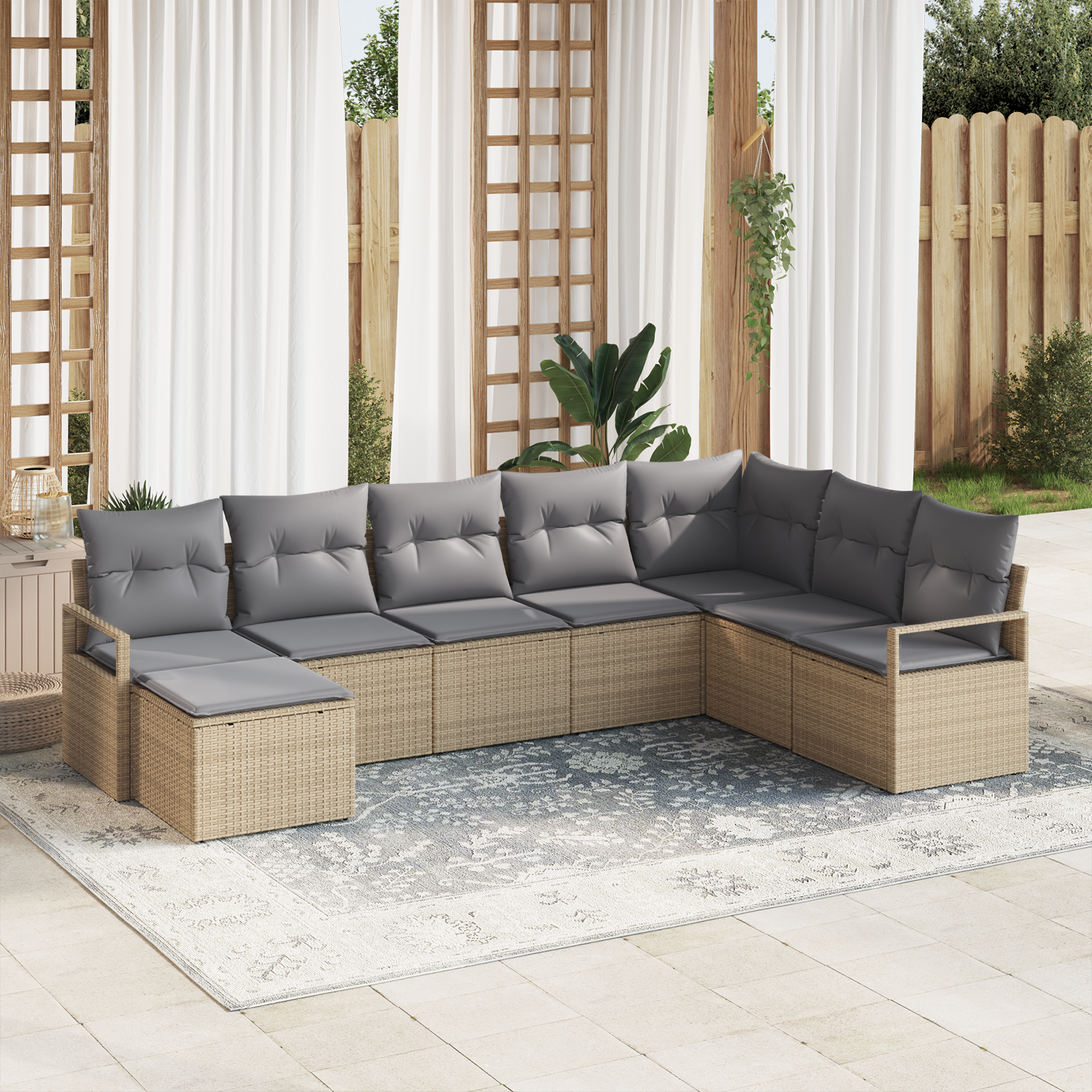Set Divano da Giardino 8 Pezzi con Cuscini Beige in Rattan Sintetico