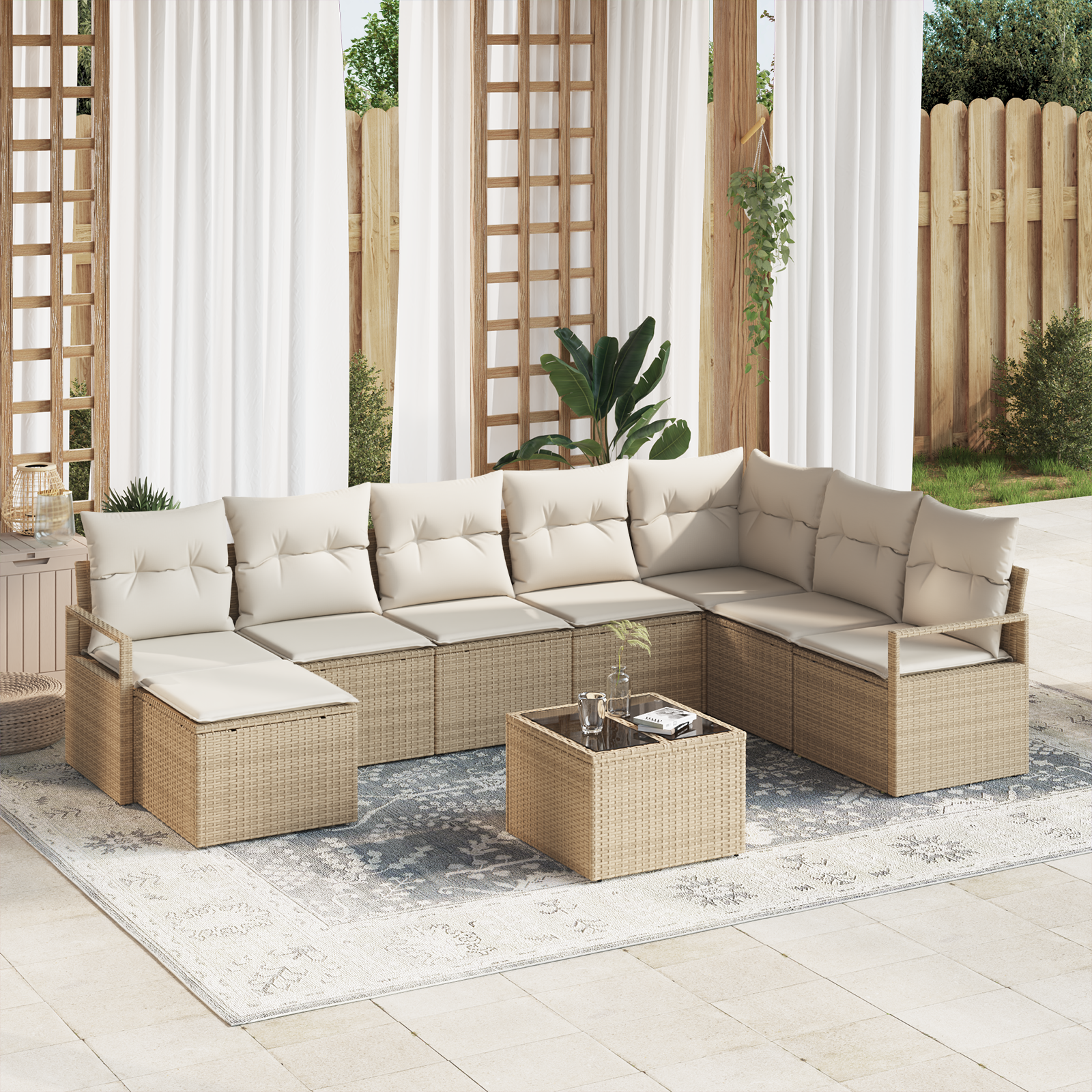 Set Giardino da 9 Pezzi con Cuscini Rattan Polipropilene Marrone