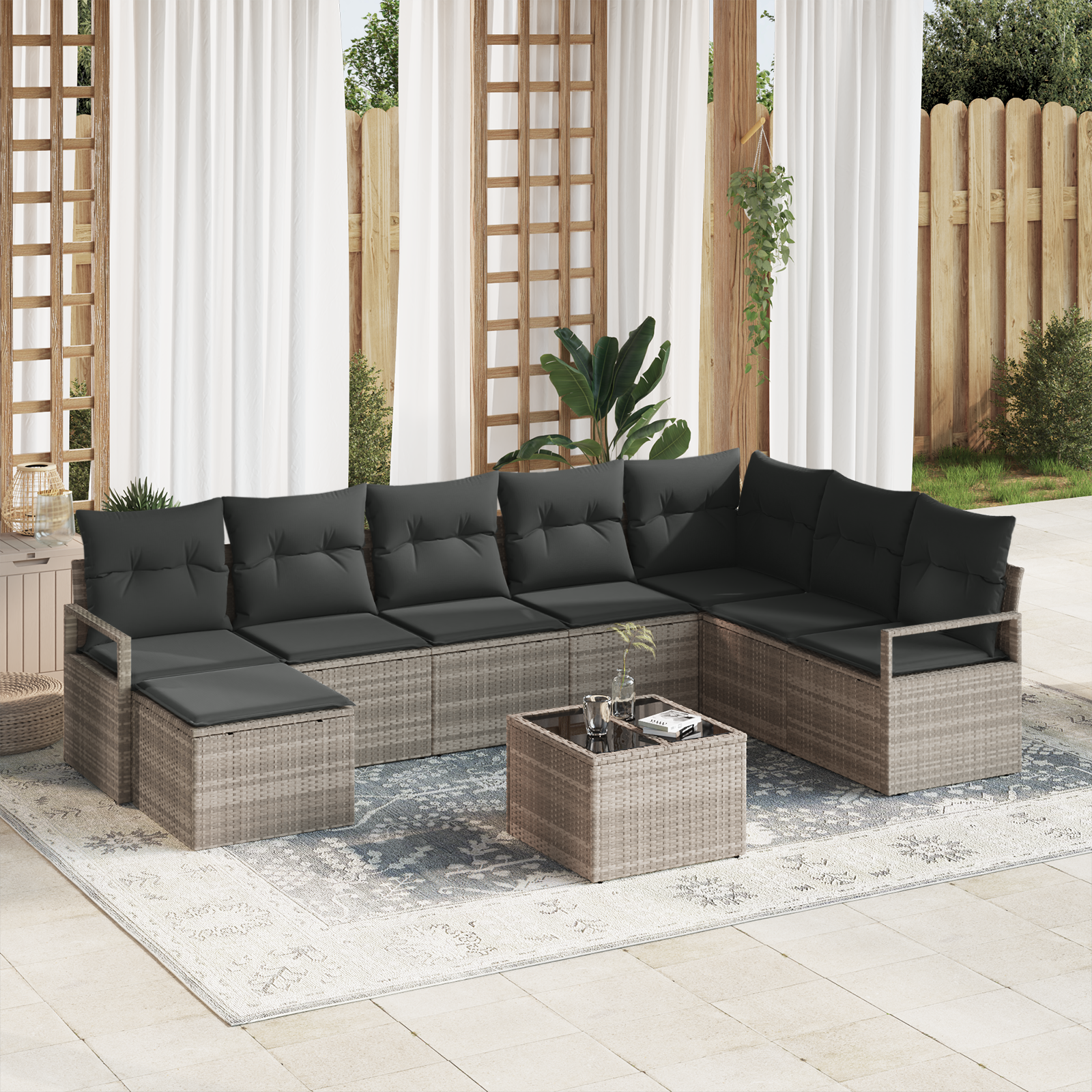 Set divano da giardino  9 pezzi con cuscini grigio polyrattan