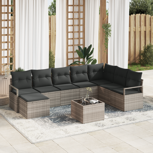Set divano da giardino  9 pezzi con cuscini grigio polyrattan