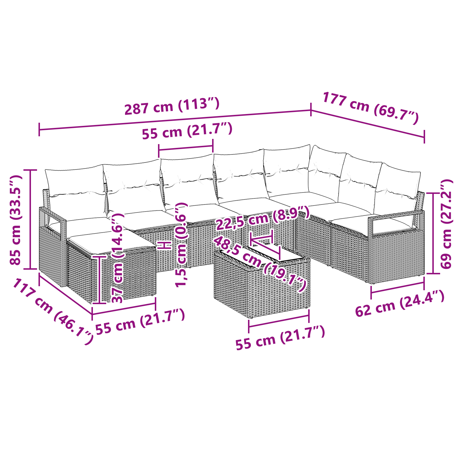 Set divano da giardino  9 pezzi con cuscini grigio polyrattan