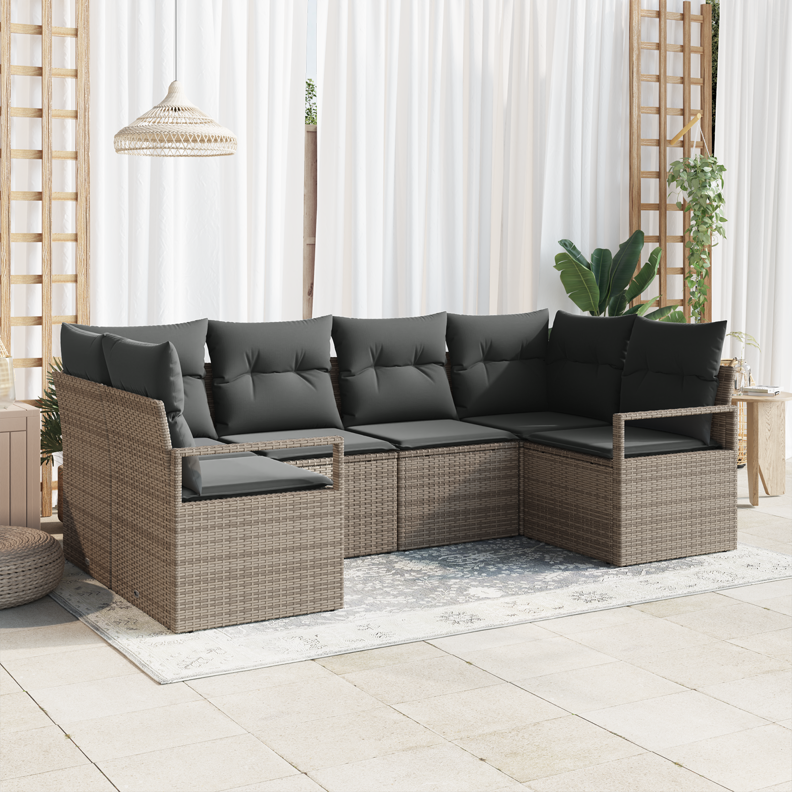 Set Divano da Giardino  6 Pezzi con Cuscini Grigio Rattan Poliestere