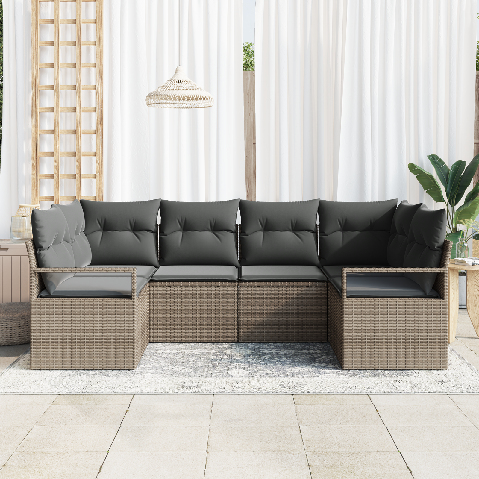 Set Divano da Giardino  6 Pezzi con Cuscini Grigio Rattan Poliestere
