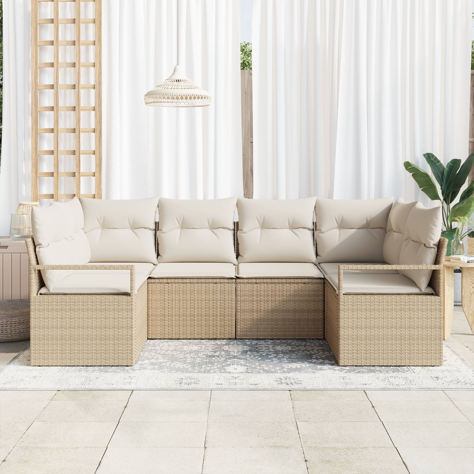 Set Divano da Giardino in 6 Pezzi con Cuscini Beige in Rattan PE