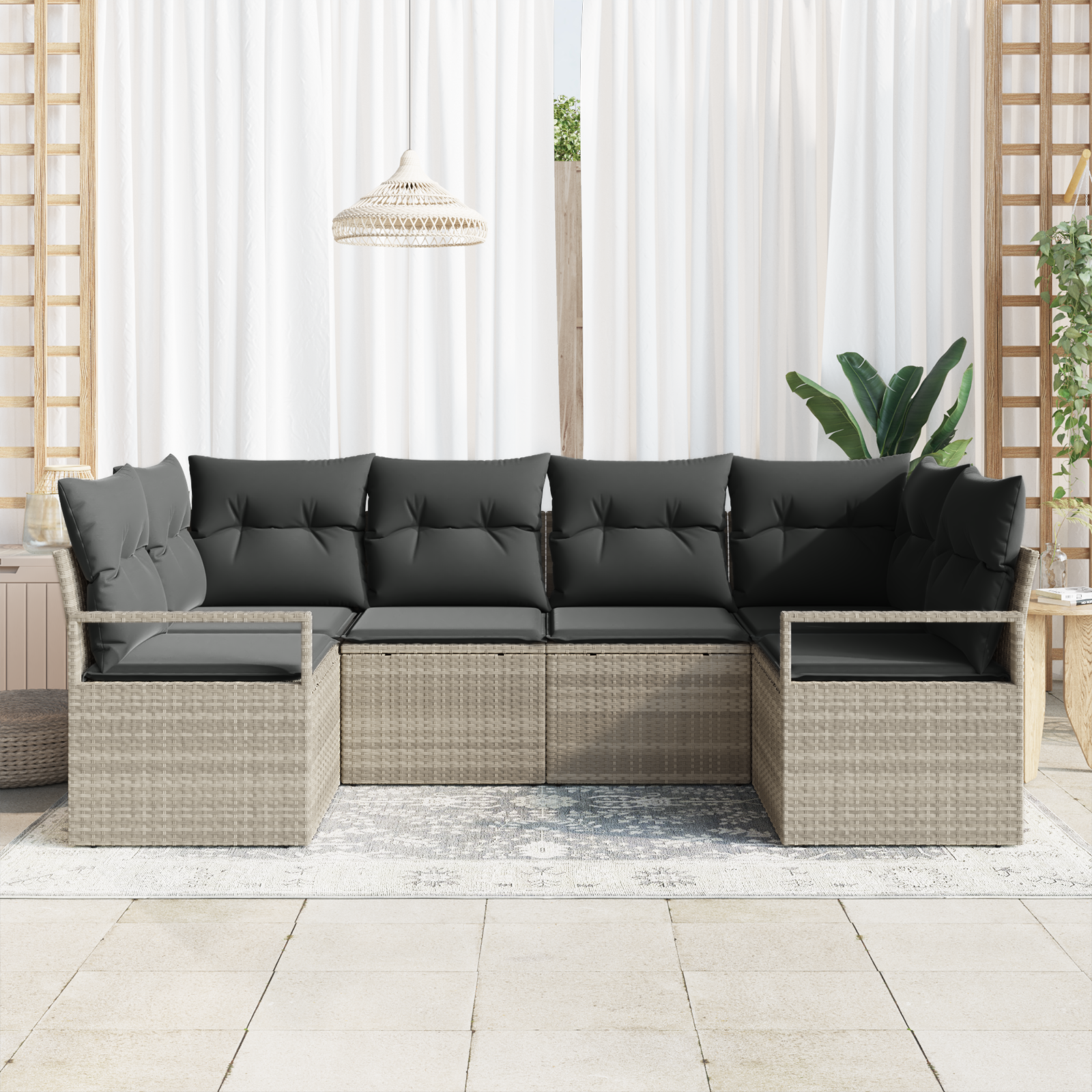 Set Divano da Giardino a 6 Pezzi con Cuscini Grigio Chiaro Rattan Polietilene