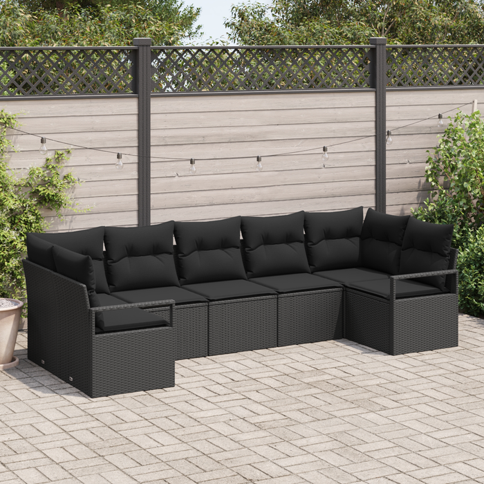 Set di Divano da Giardino  7 Pezzi con Cuscini Nero Polyrattan