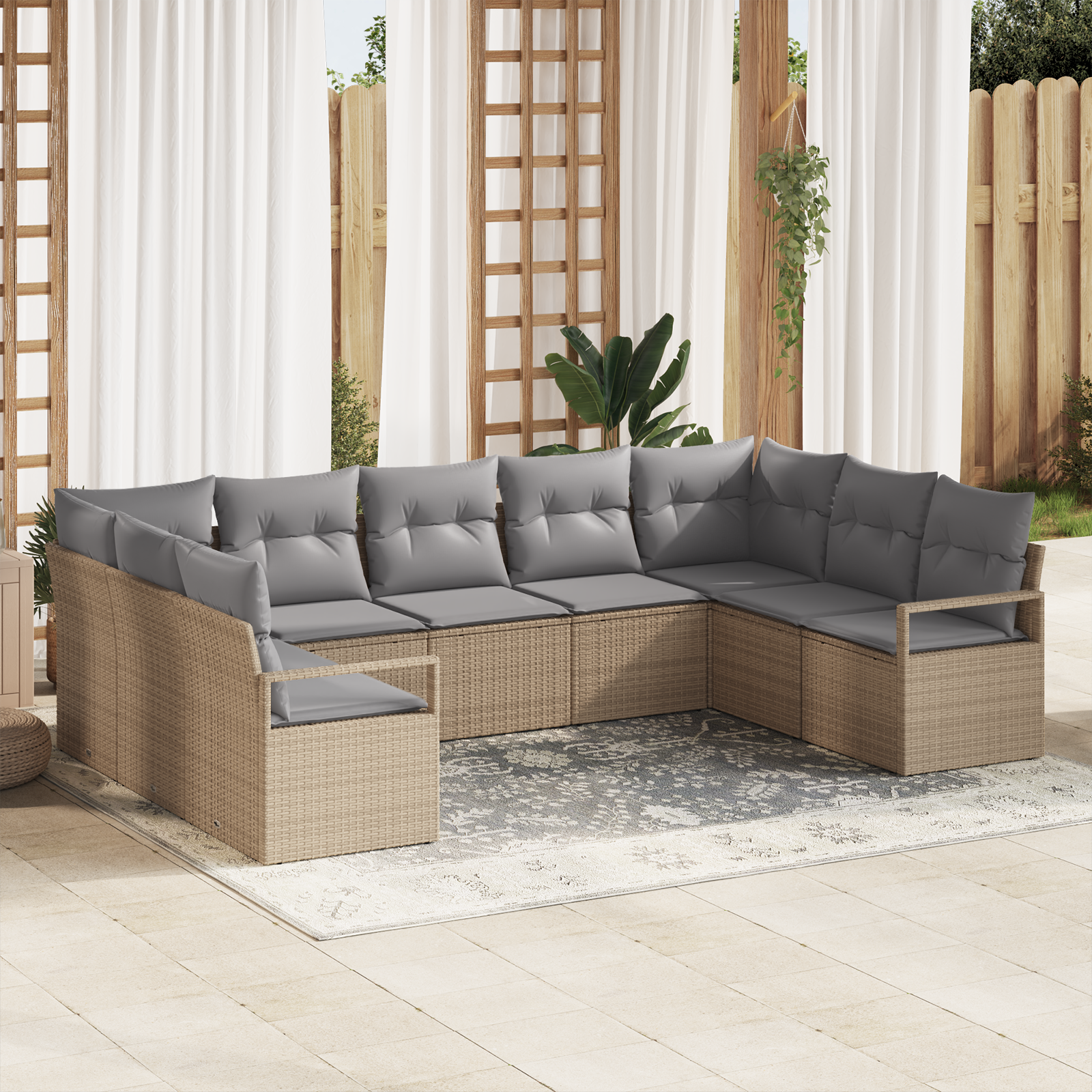 Set di Divano da Giardino  9 Pezzi con Cuscini Beige Rattan Poliestere