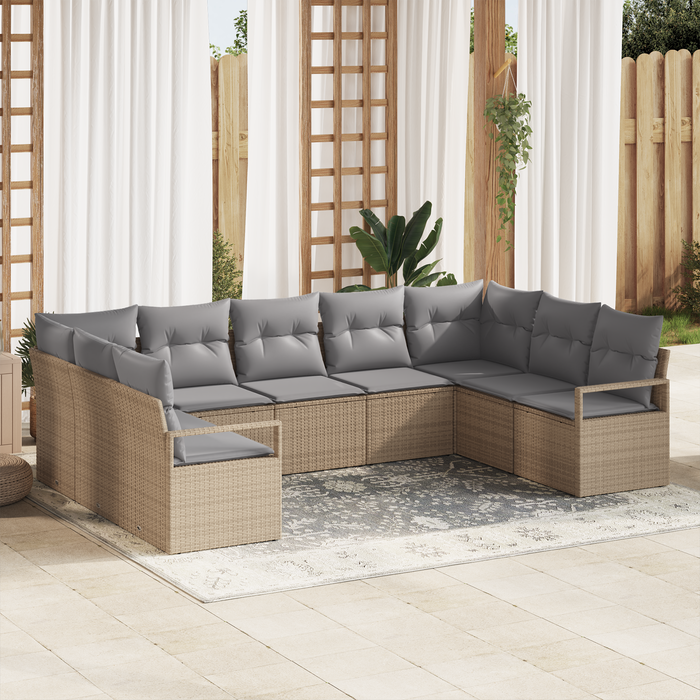 Set di Divano da Giardino  9 Pezzi con Cuscini Beige Rattan Poliestere
