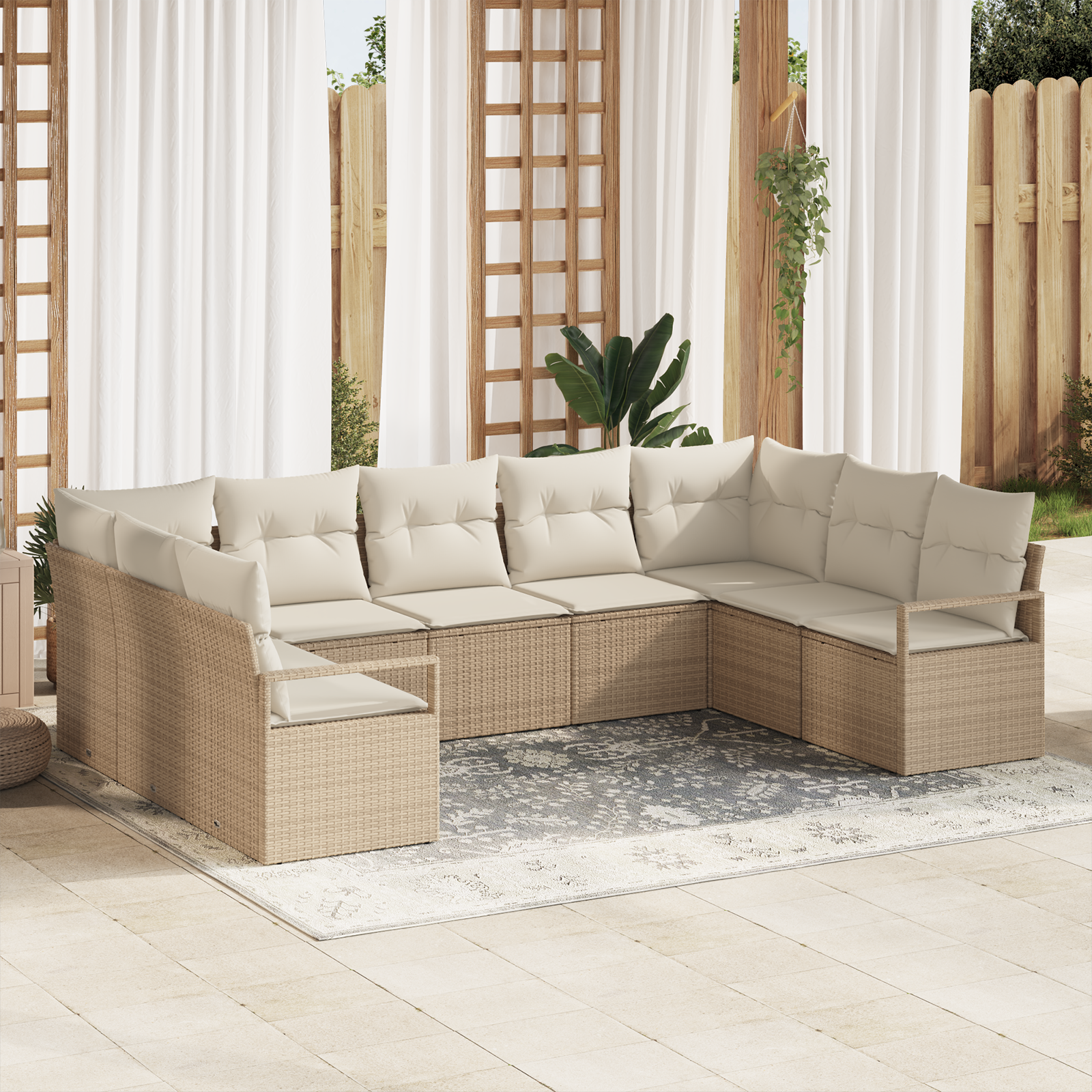 Set Divano da Giardino  9 Pezzi con Cuscini Beige Rattan PE