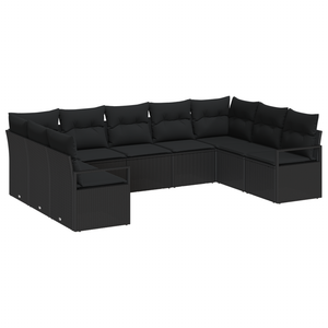 Set Divano da Giardino  9 Pezzi con Cuscini Nero Polirattan