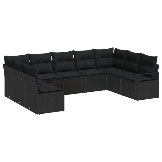 Set Divano da Giardino  9 Pezzi con Cuscini Nero Polirattan