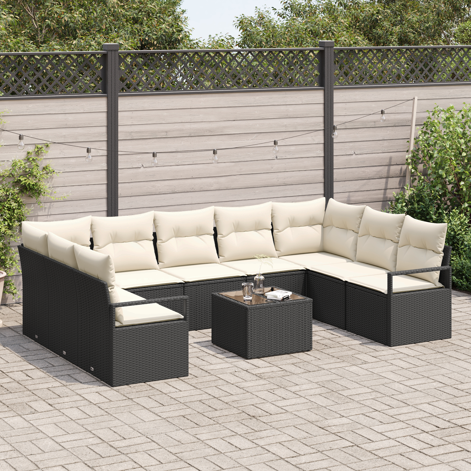 Set di divani da giardino con 9 pezzi e cuscini in polyrattan marrone