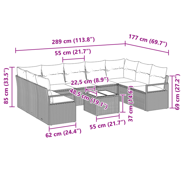 Set Divano da Giardino 9 Pezzi con Cuscini Rattan Polietilene Grigio