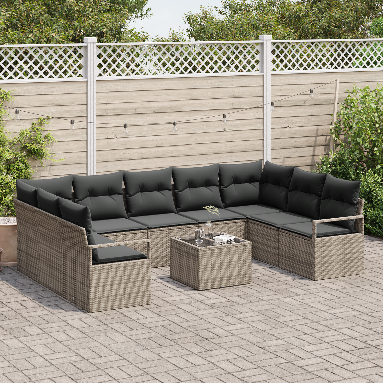 Set di divani da giardino  9 pezzi con cuscini in polyrattan nero