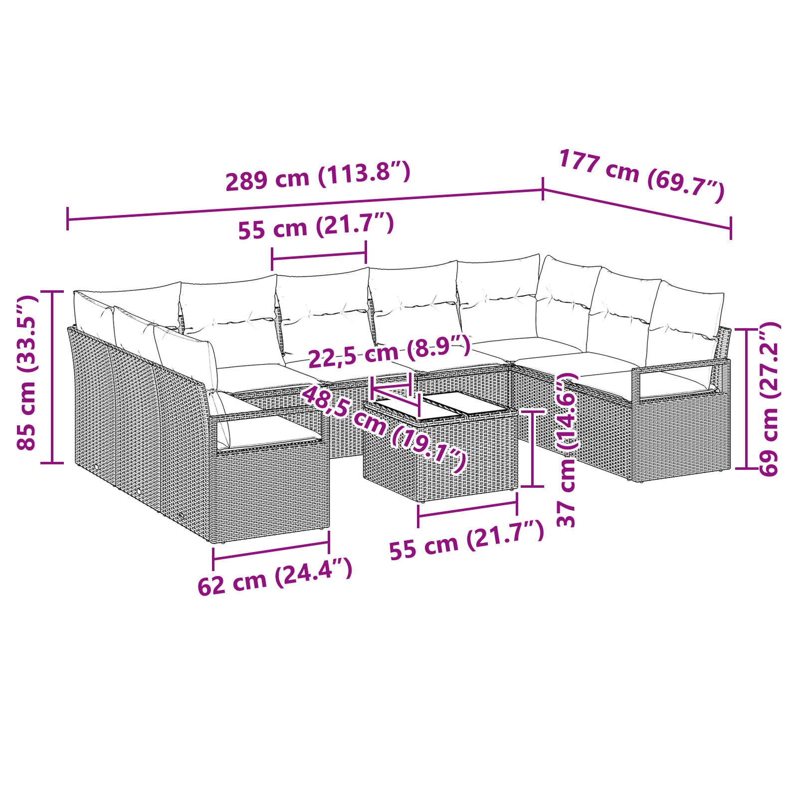 Set Divano da Giardino 10 Pezzi con Cuscini in Rattan Polyrattan Nero