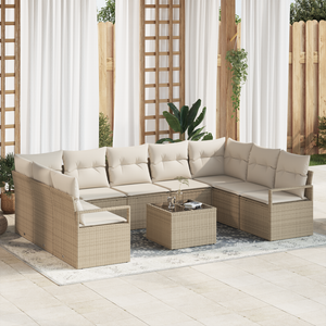 Set di divani da giardino  con cuscini marrone in polyrattan - 10 pezzi