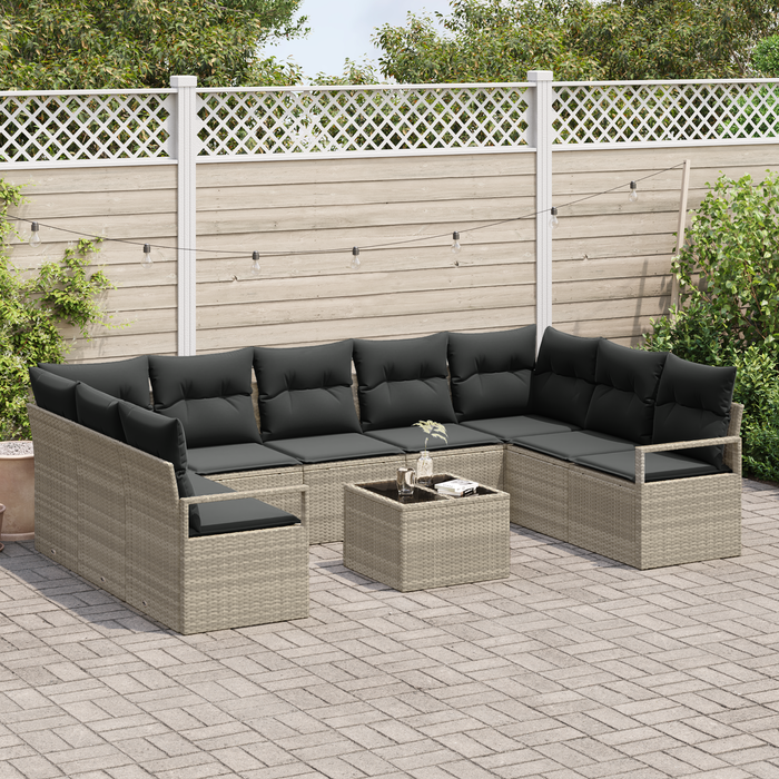 Set di Divano da Giardino a 10 Pezzi con Cuscini in Rattan Polietilene Grigio