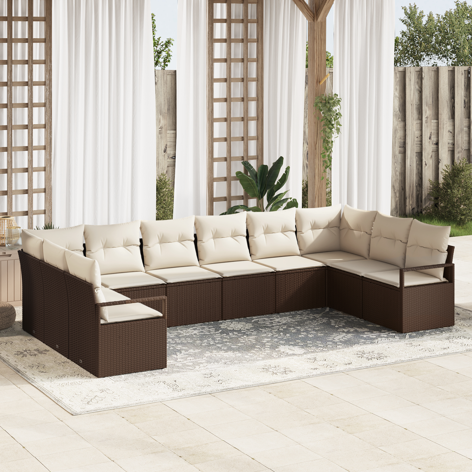 Set di divani da giardino  10 pezzi con cuscini marrone polyrattan