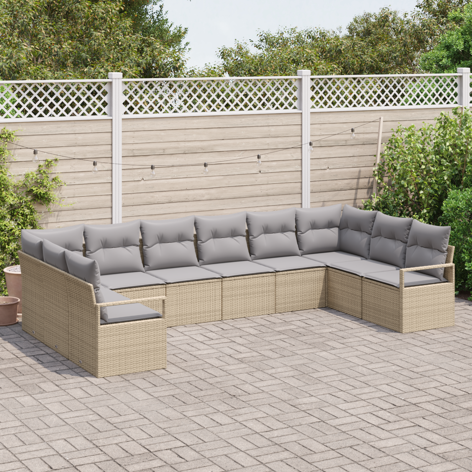 Set Divano da Giardino da 10 Pezzi con Cuscini Beige in Polyrattan