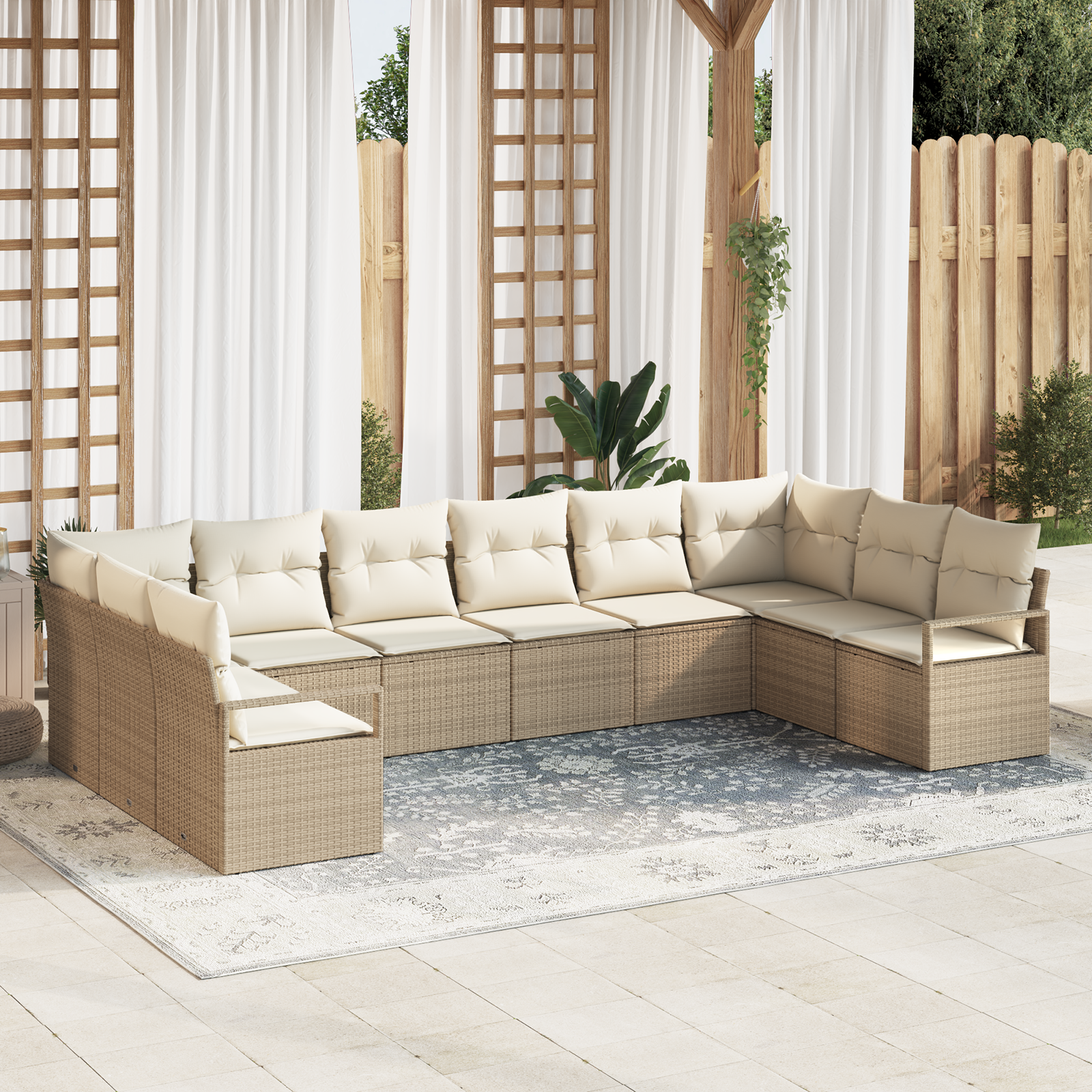 Set di divani da giardino a 10 pezzi con cuscini beige in polirattan