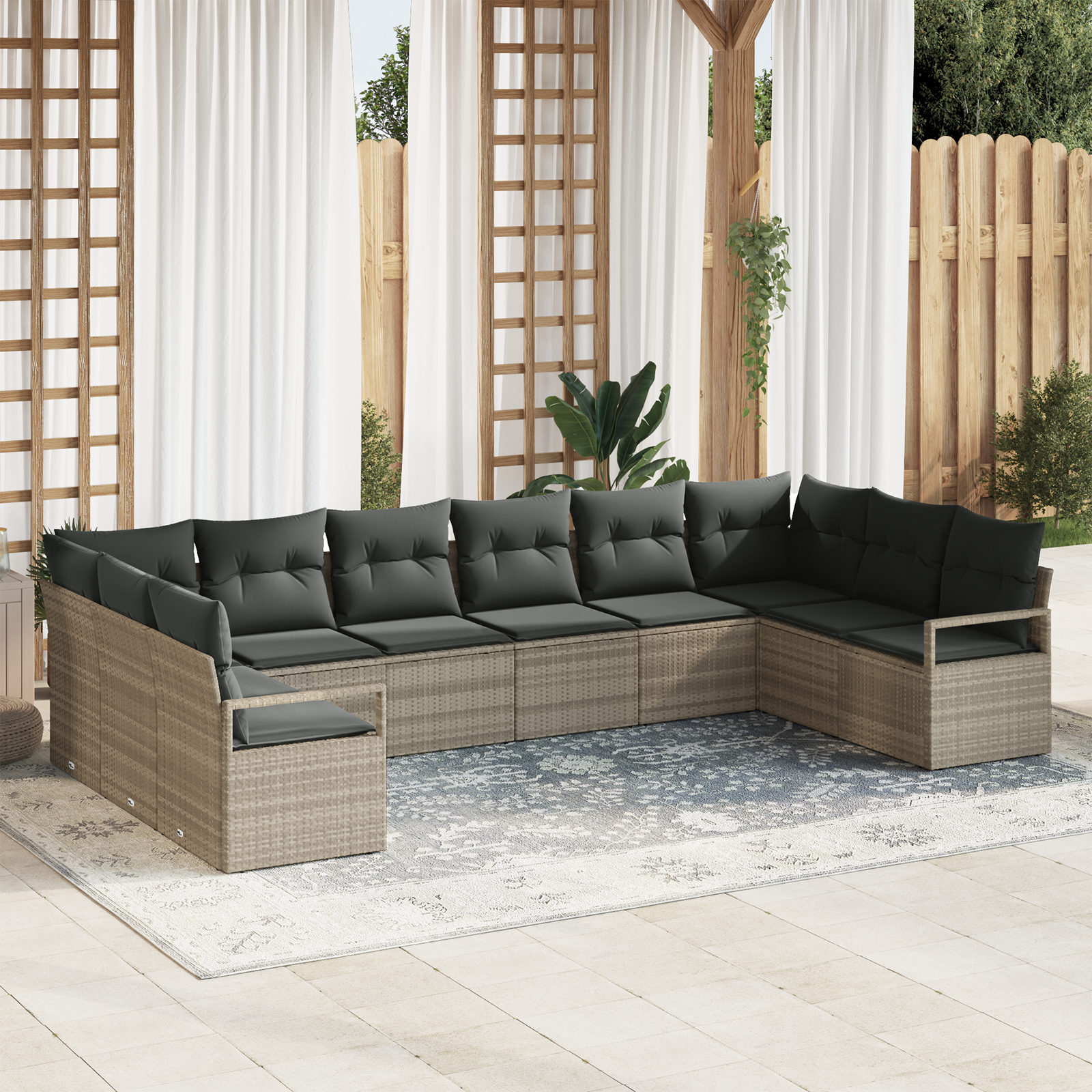 Set Divano da Giardino  da 10 Pezzi con Cuscini Grigio Chiaro Rattan