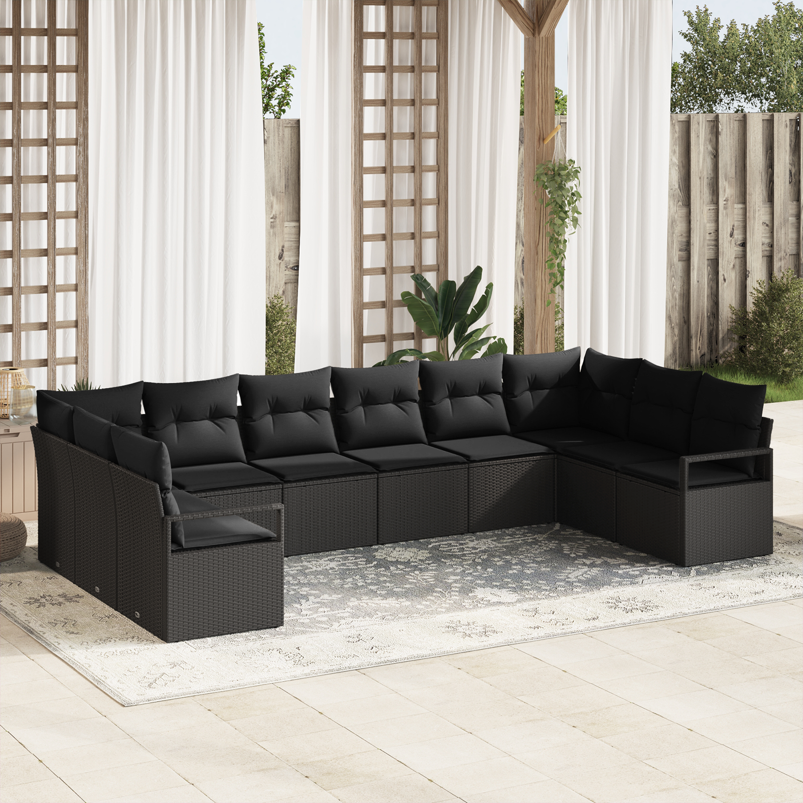 Set Divano da Giardino 10 Pezzi con Cuscini Nero Polyrattan