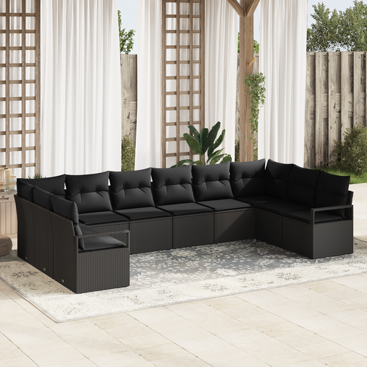 Set Divano da Giardino 10 Pezzi con Cuscini Nero Polyrattan