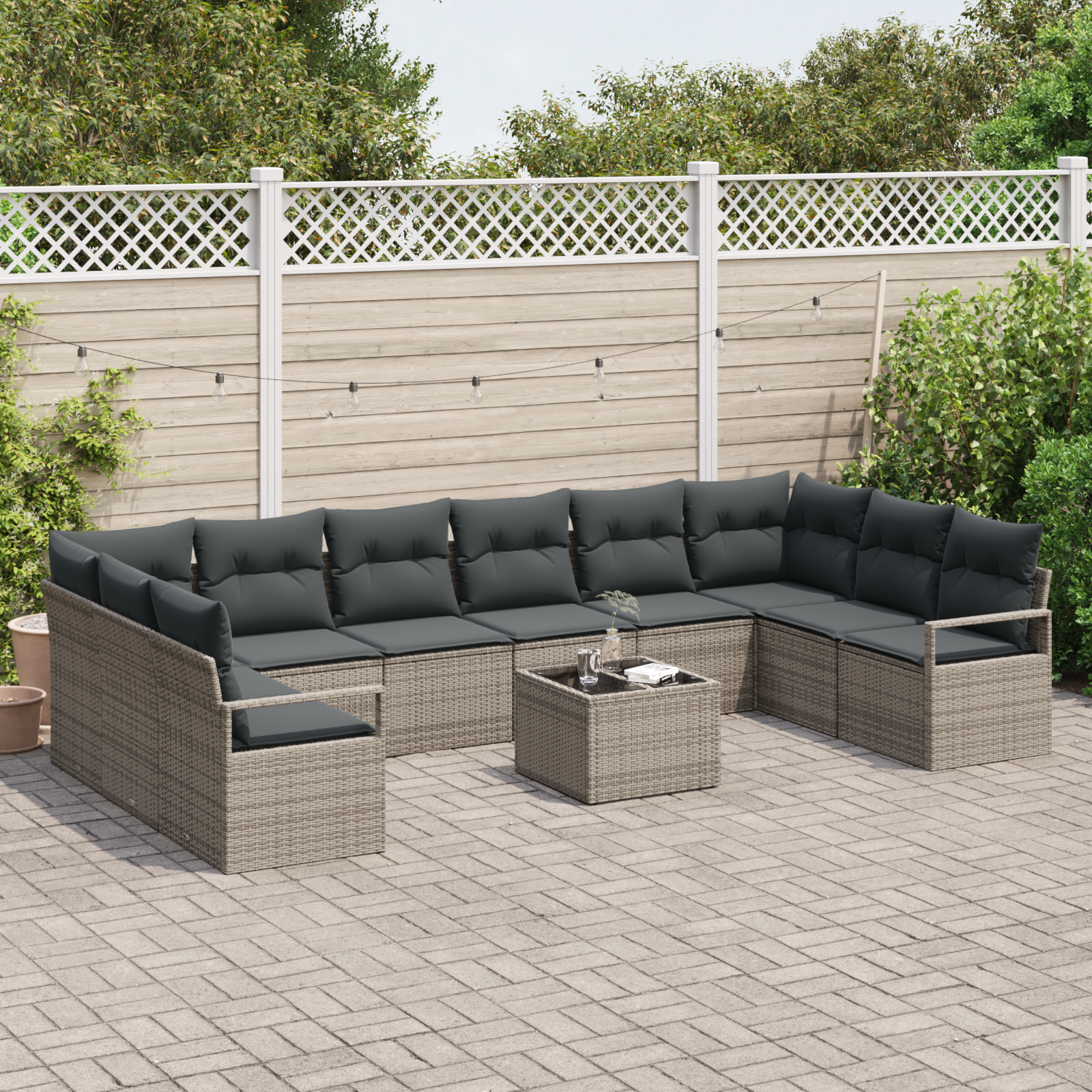 Set Divano Giardino 10 Pezzi con Cuscini Neri in Polyrattan