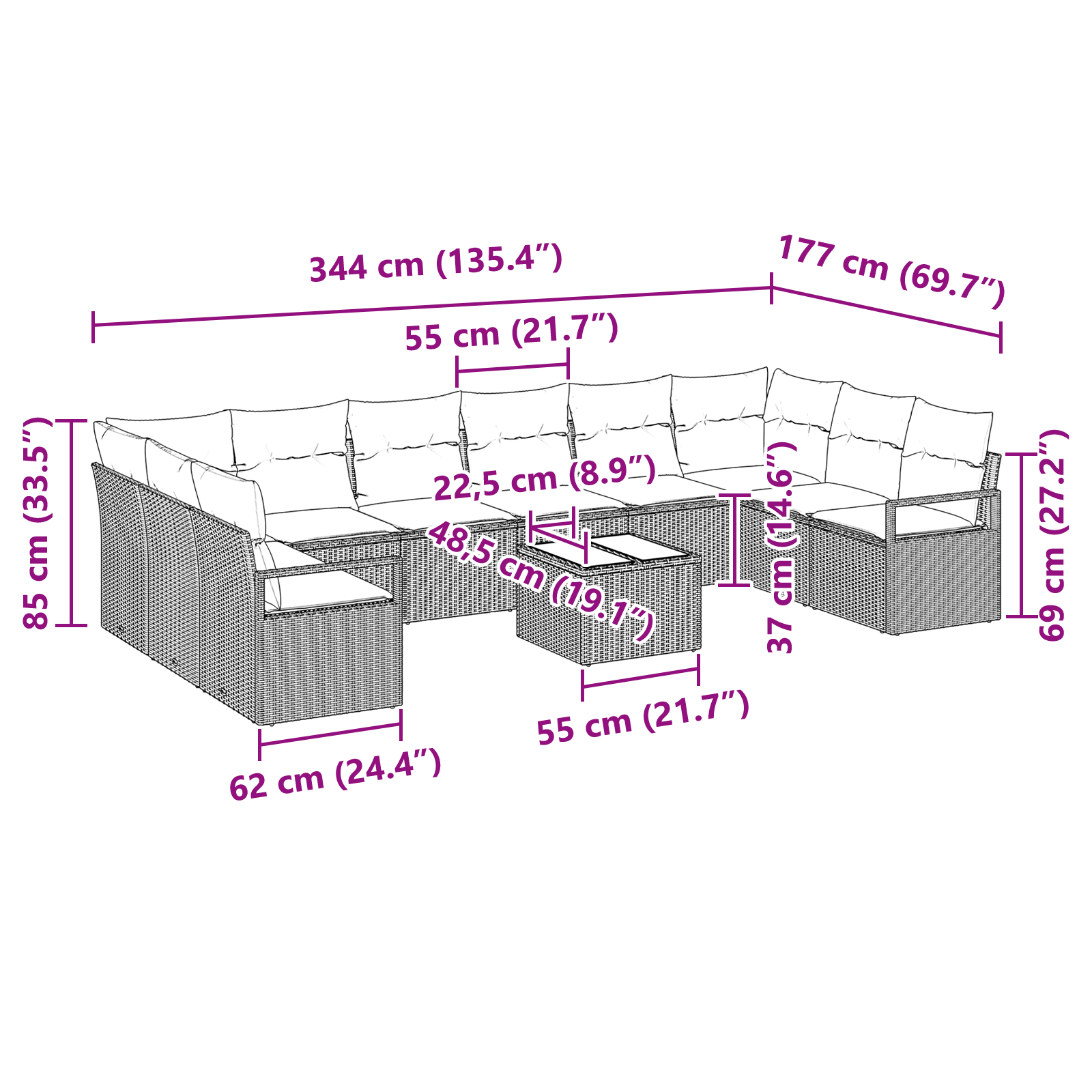 Set Divano da Giardino  11 Pezzi con Cuscini Nero Polyrattan